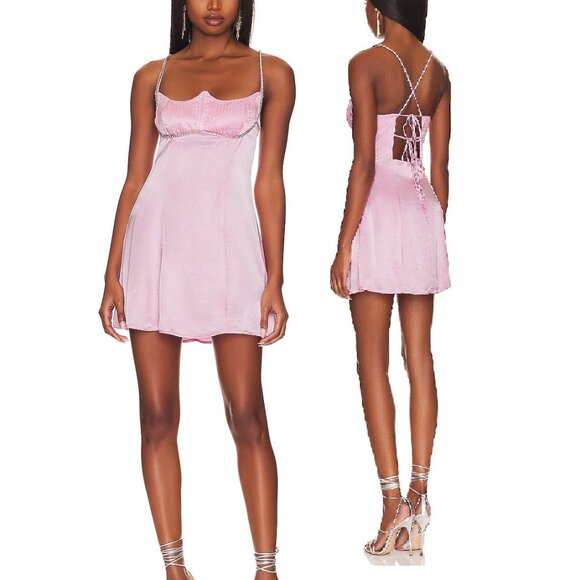NEW FOR LOVE AND LEMONS ELORA PINK SATIN MINI DRESS SIZE M - Picture 2 of 12